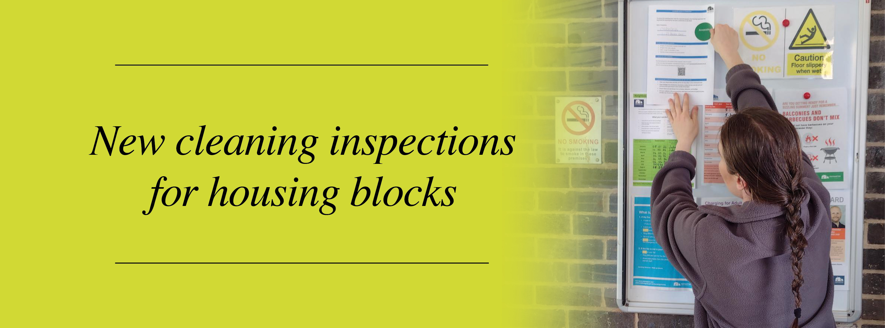 A Woman Cleaning A Notice Board With Text New Leaning Inspections For Housing Blocks