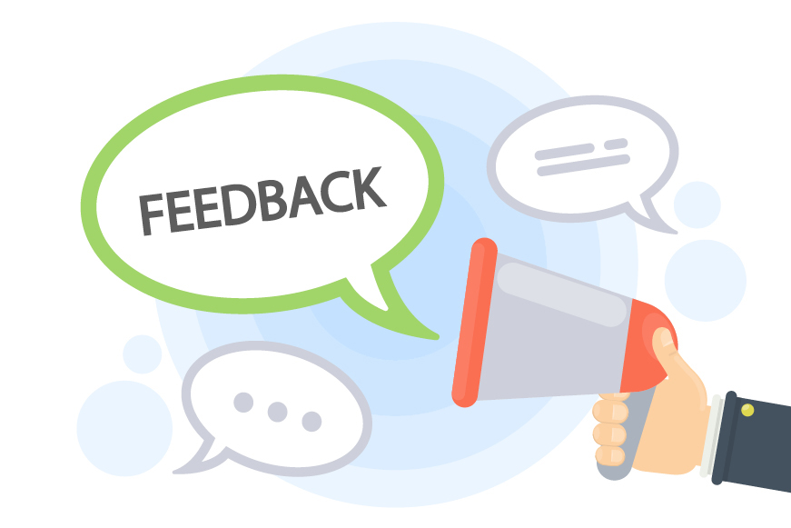 A megaphone with a speech bubble that says "Feedback"