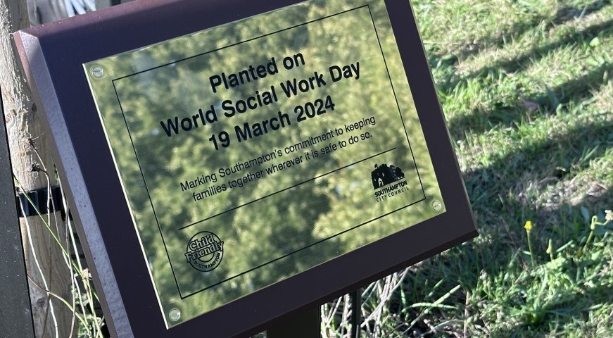 Plaque of World Social Work Day tree planted 19 March 2024