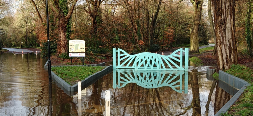 Flooded road and gate at Southampton Common