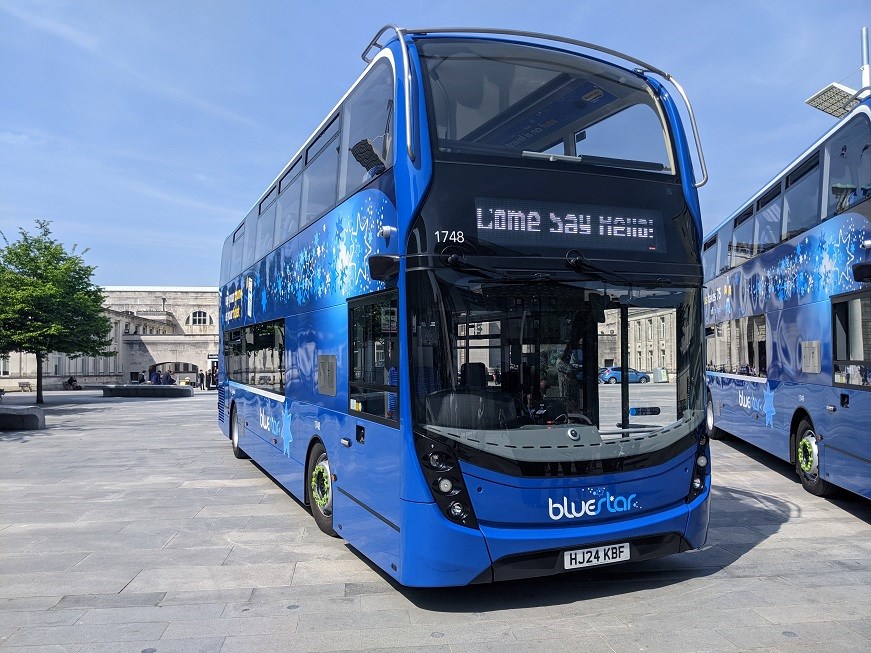 A photo of a new Bluestar bus in Guildhall Square