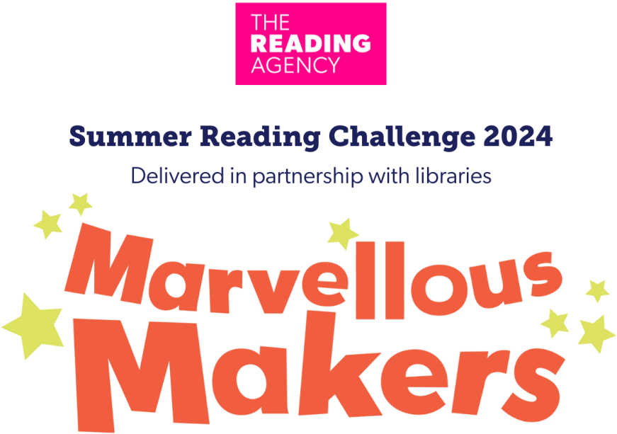 Summer Reading Challenge 2024, delivered in partnership with libraries. "Marvellous Makers". Logo for The Reading Agency.