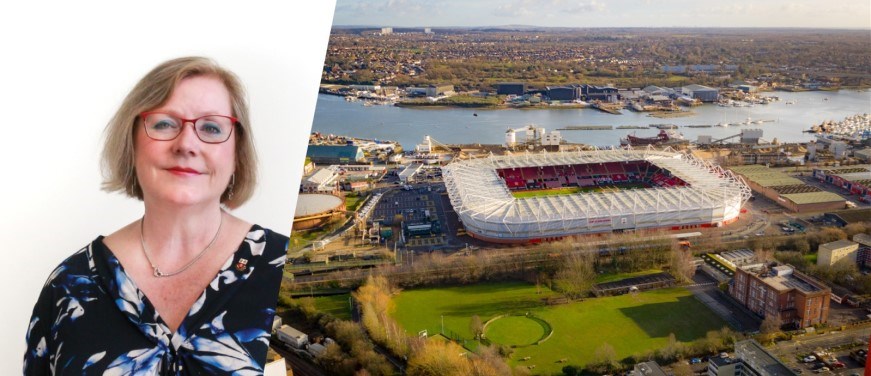 Photo of the Leader next to a photo of St Mary's stadium