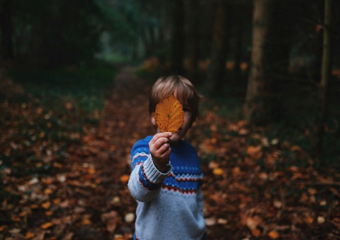 A child holding a brown leaf in front of their face