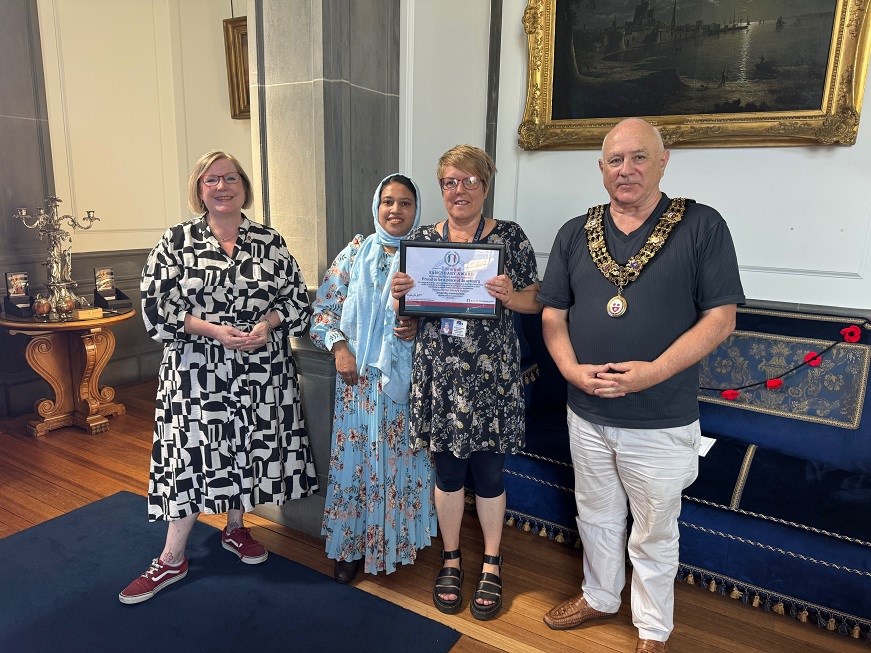 Cllr Fielker, Mayor Shields and library team