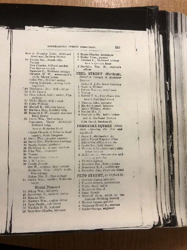 Page from the 1887 Kelly’s street directory, showing residents living at Mount Pleasant, Peel Street, Pembroke Square, and Peto Street.