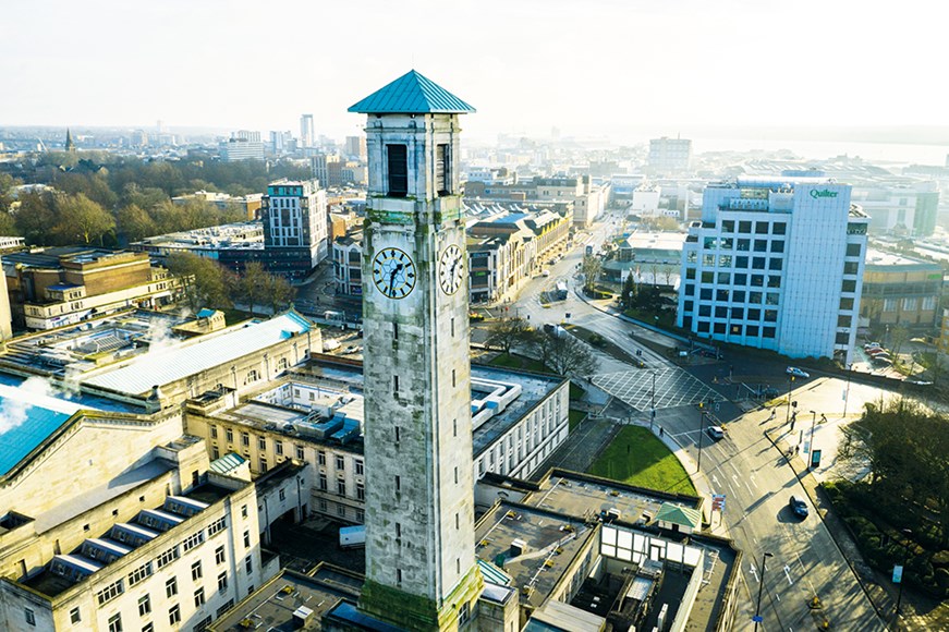 A drone photo of the clock tower at the Civic Centre