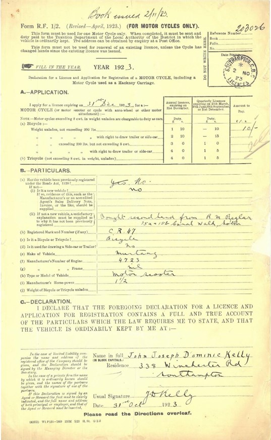 Declaration form for a Mustang motor-scooter