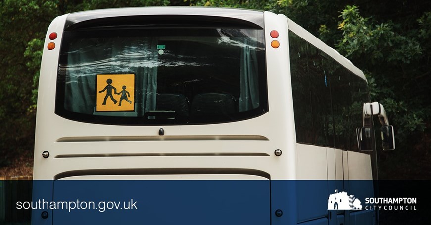 Image of white coach with yellow sign of black silhouettes of two people holding hands whilst walking. Below the image is a navy blue banner which says 'southampton.gov.uk' and the Southampton City Council logo in white.