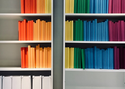 Multicoloured books on shelves